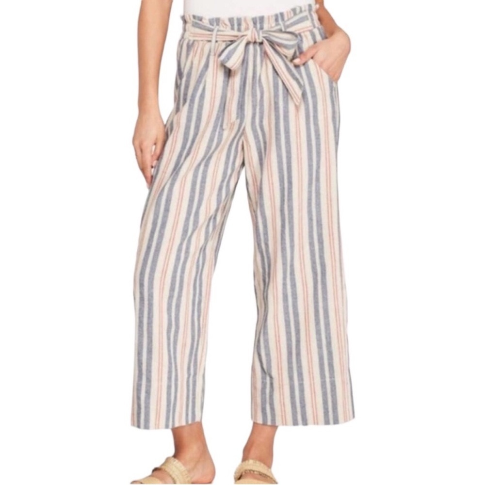 Knox Rose Ankle Length Striped Paperbag Pants Elastic Tie Waist High Rise Large